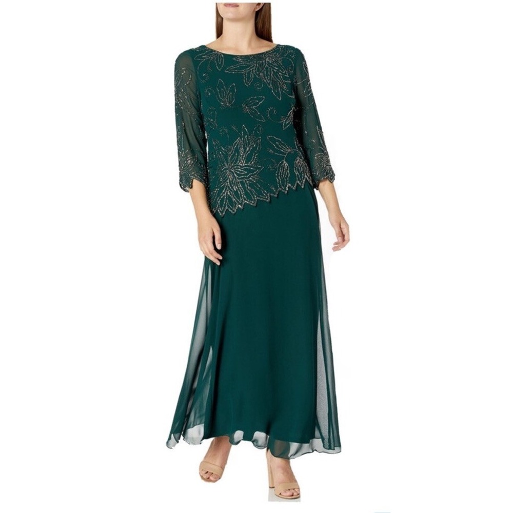 NEW JKara Dark Green‎ Sequin Beaded Mesh Long Formal Gown Holiday wedding 16W